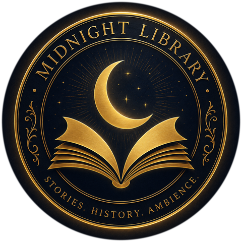 Midnight Library — golden coin emblem of a candlelit library
