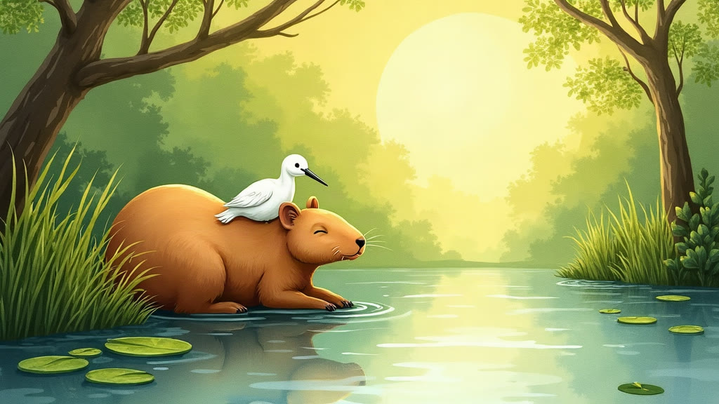A sleepy capybara resting half in a river with a small white egret perched on its back