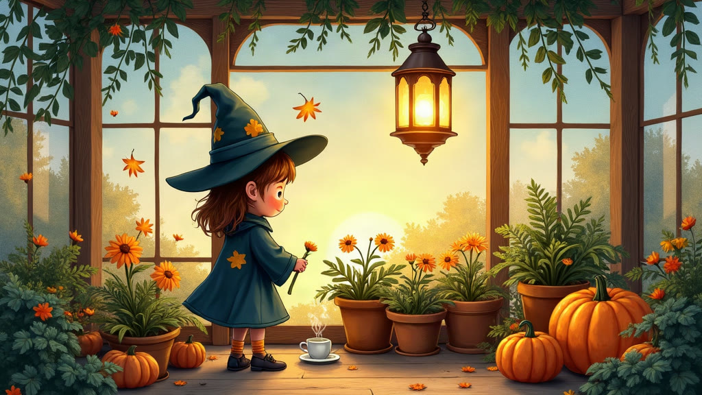A small kind witch named Bramble resting with tea in a lantern-lit greenhouse