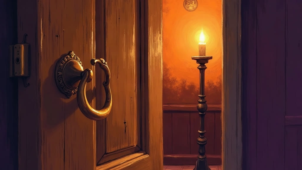 A small shy house-spirit named Hush beside a moon-shaped brass door-knocker in a candlelit front hall