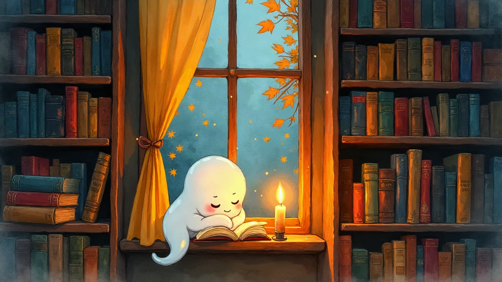 A small friendly ghost named Inkling sleeping in a candlelit library window nook