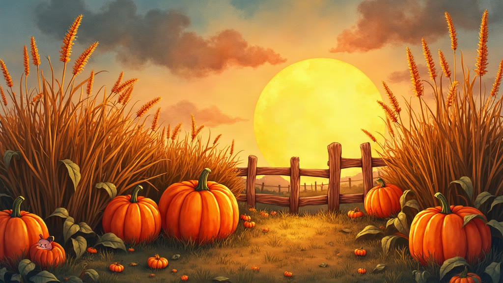 A small pumpkin named Runt resting in a garden patch under a rising harvest moon