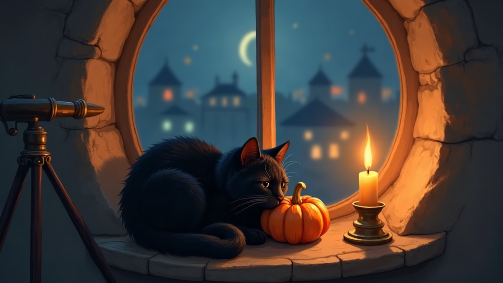 A small black cat named Soot curled on a tower windowsill, watching a sleepy town below
