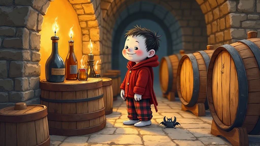 A small gentle vampire named Vesper resting with warm cider in a candlelit wine cellar