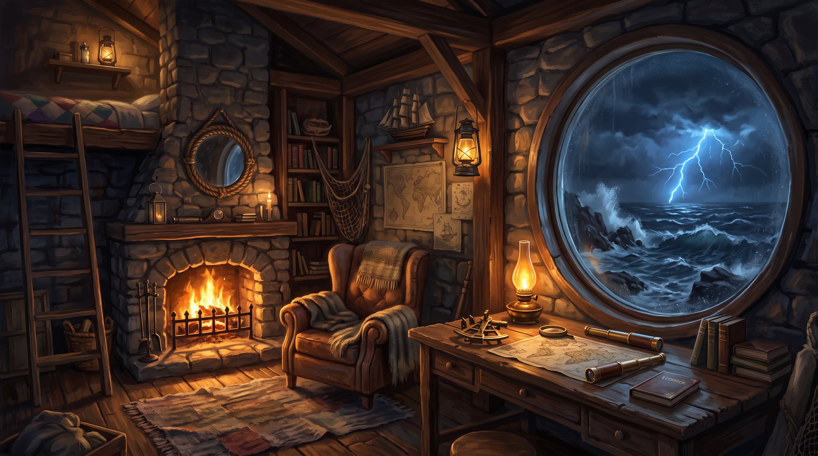 A cozy lighthouse keeper's room with a fireplace, stormy sea visible through a round window