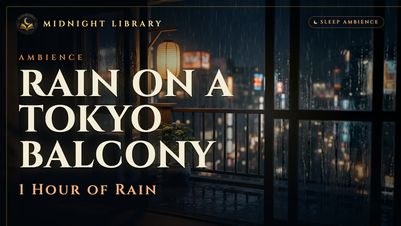 Rain falling past a lit balcony over the Tokyo skyline at night