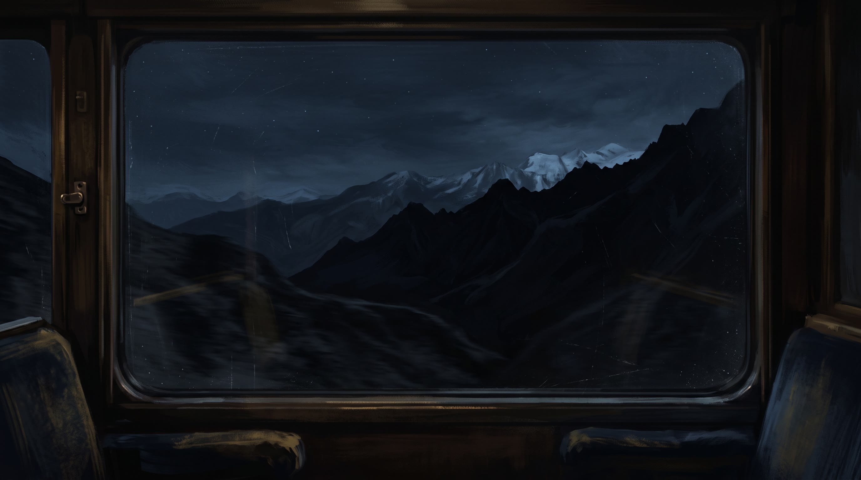 Rain streaking a train window with dark mountains passing at night