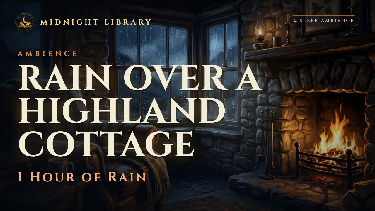 A stone cottage window with rain and wind over dark Scottish hills