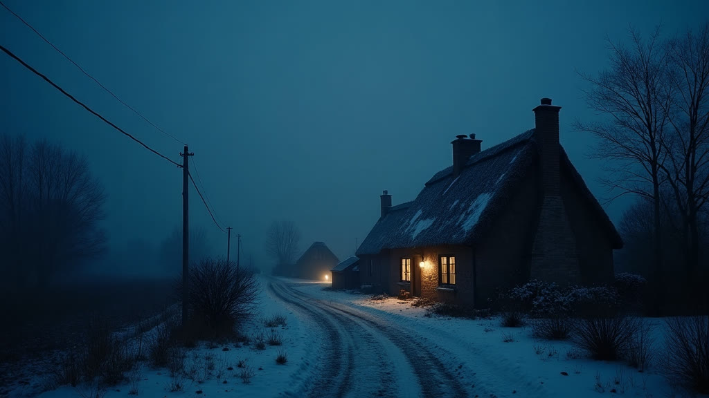 Frost-quiet medieval cottages with a warm hearth glow in the rain at night