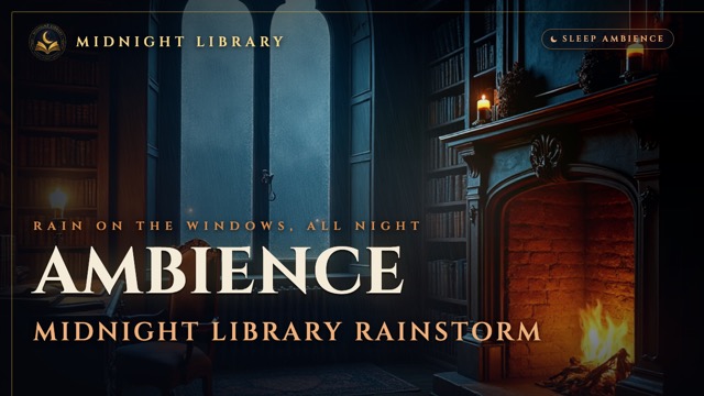 A candlelit Victorian library at night with rain on the window