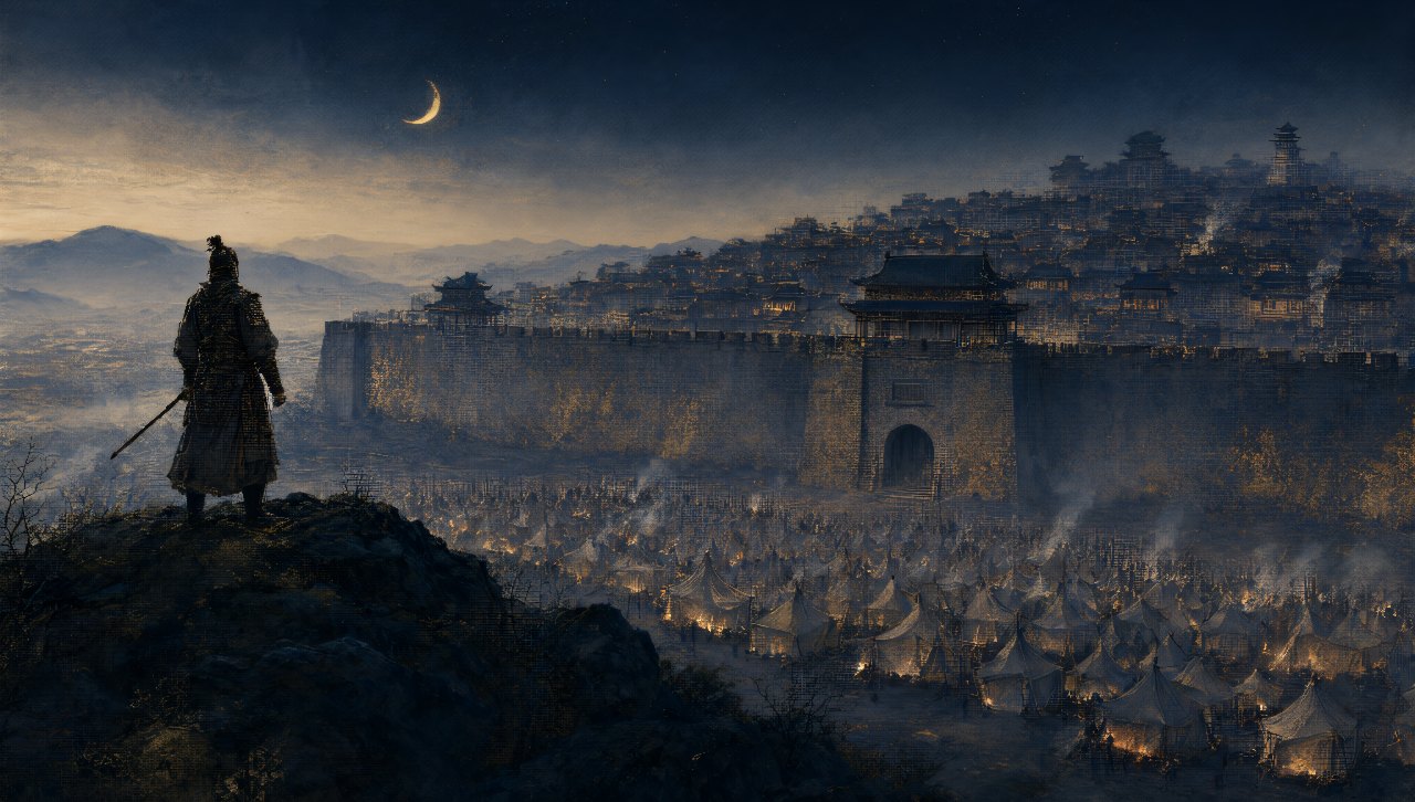 Sun Tzu, The Art of War, chapter 3: a commander above a quiet valley where the enemy has laid down its arms