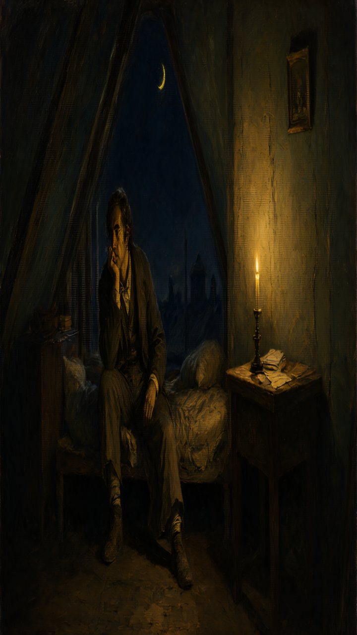 A young man in his garret at night, a candle on the table.