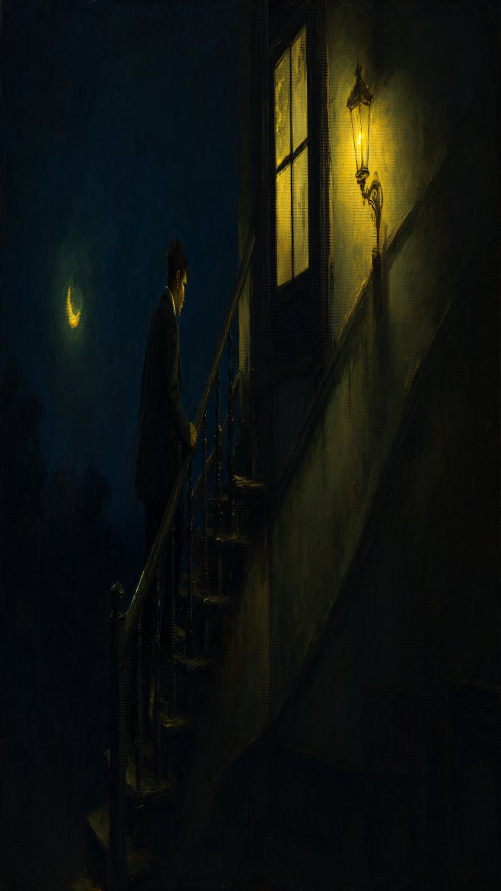 The staircase he takes to avoid his landlady.