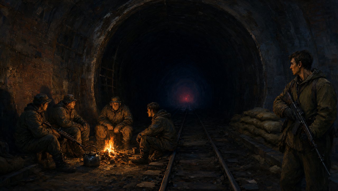 «Метро 2033»: дозор у костра в туннеле, вдали красный свет