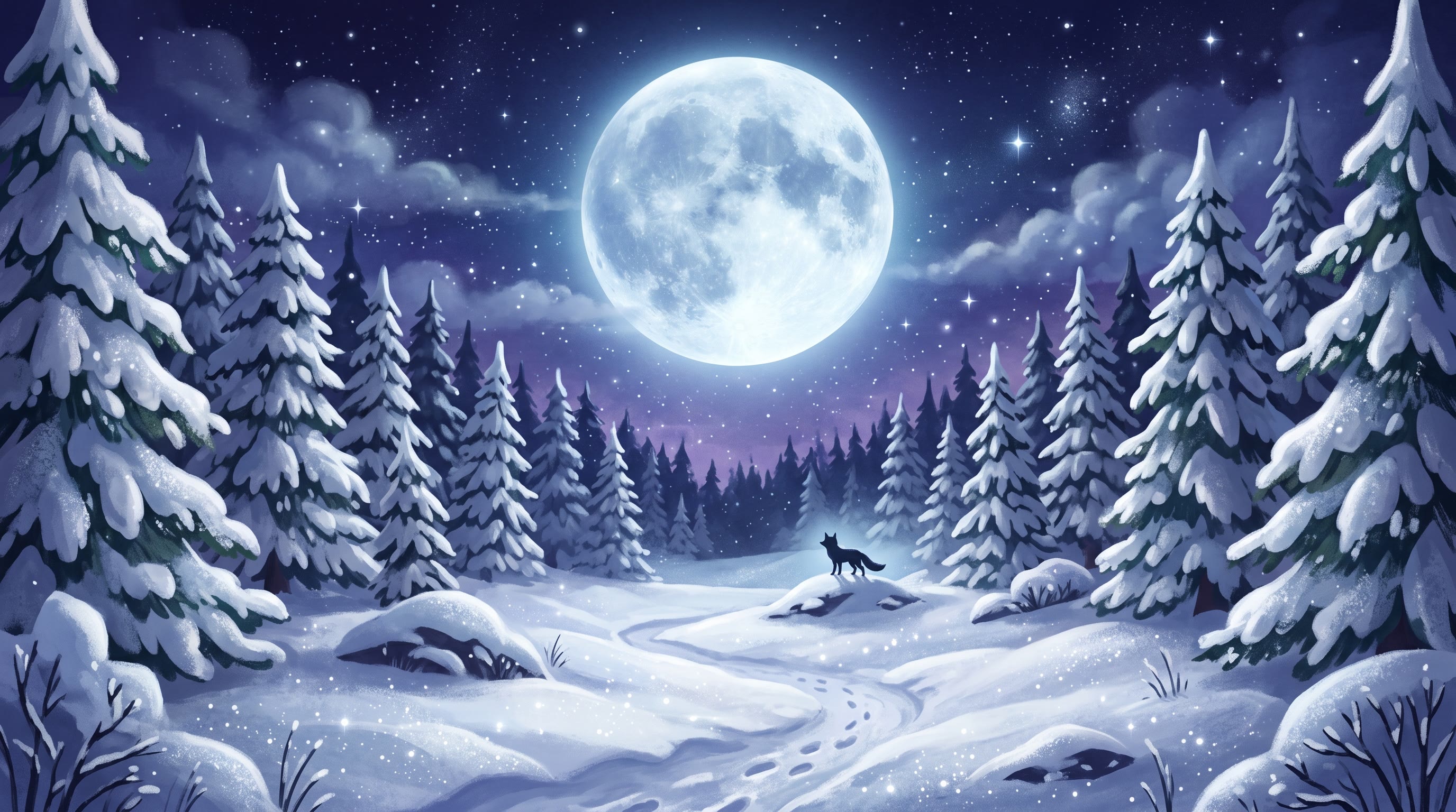A sleepy fox curled asleep in the snow under a huge winter moon