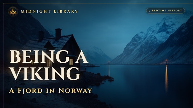 A Viking longhouse on a dark fjord at dusk